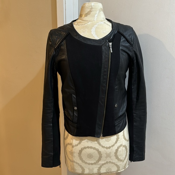 Anthropologie Elevenses Genuine Leather Cotton Cropped Moto Zip Jacket Sz 6 - Picture 2 of 16